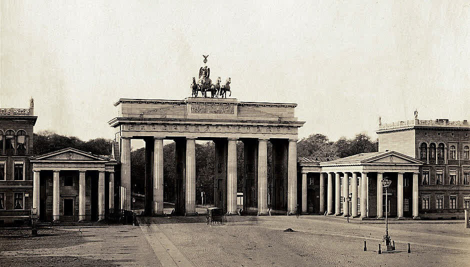 The Brandenburg Gate and its gatehouses over an empty Pariser Platz, Berlin, 1850