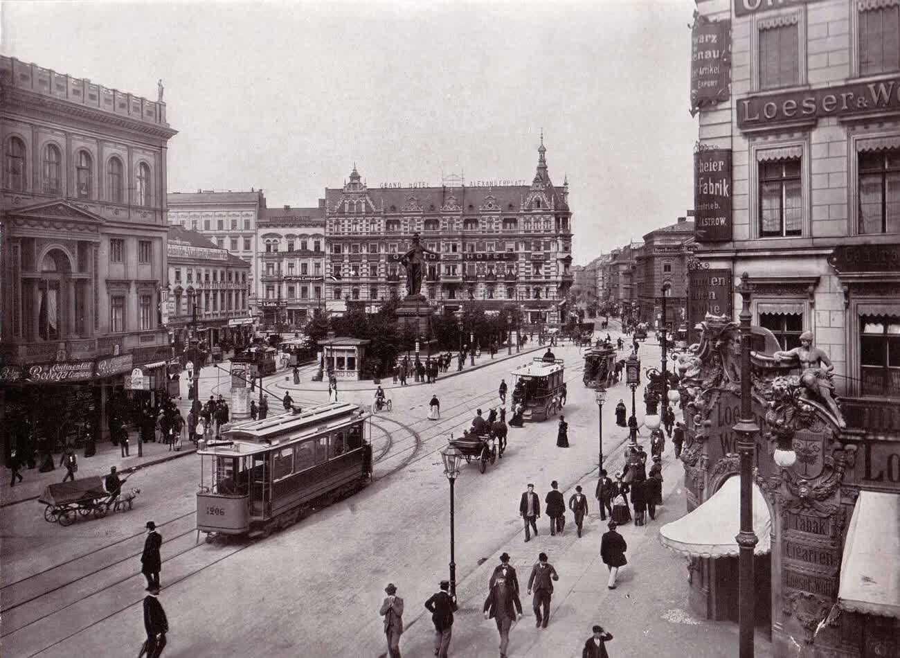 Trams, cabs and crowds on Alexanderplatz in Berlin in 1903