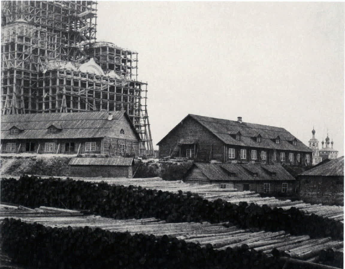 Scaffolding around the unfinished Cathedral of Christ the Saviour in Moscow in 1852, with timber stacked in the foreground