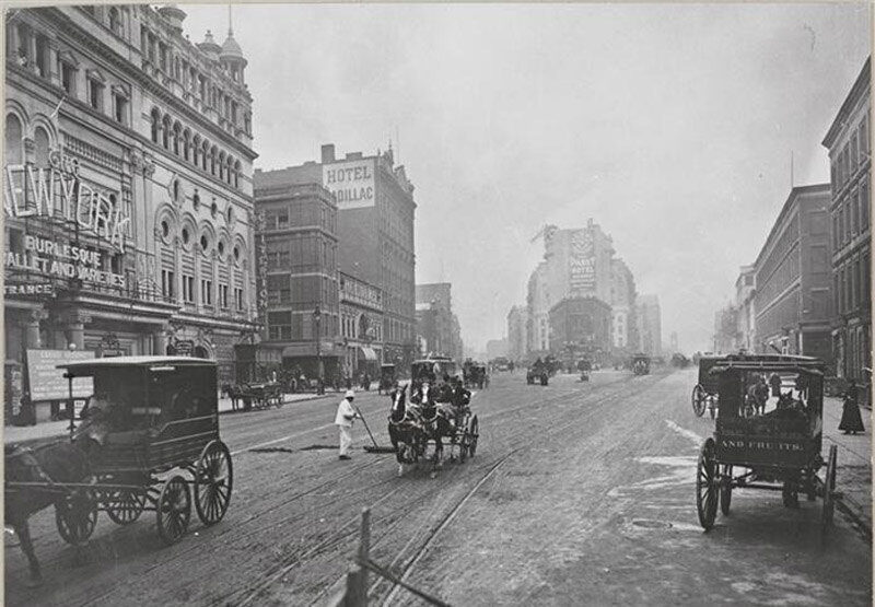 Horse-drawn delivery wagons on Longacre Square, New York, in 1900, four years before it was renamed Times Square