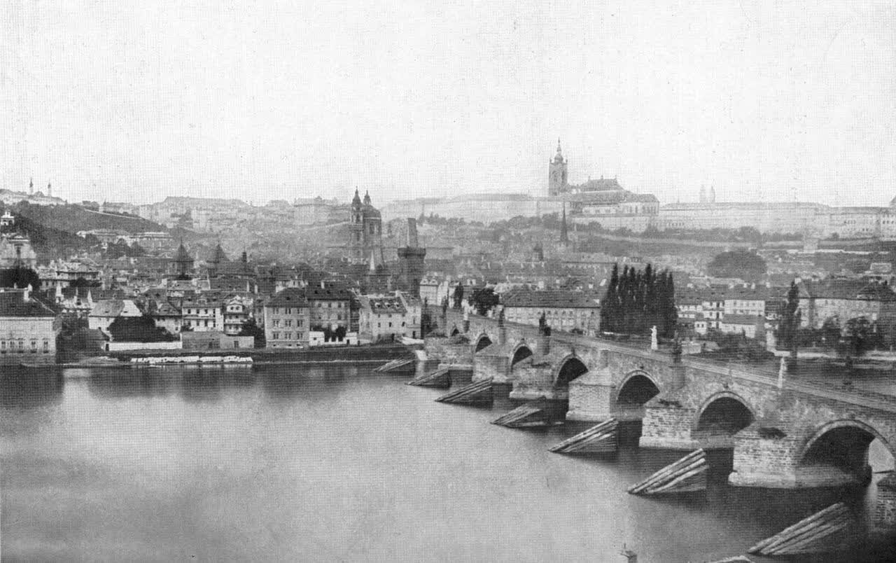 Charles Bridge and Prague Castle across the Vltava in 1856, with St Vitus Cathedral still unfinished