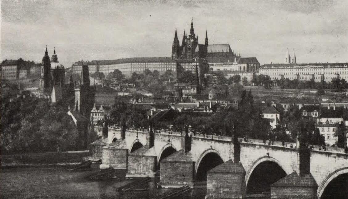 Charles Bridge and Prague Castle with the completed St Vitus Cathedral in 1953