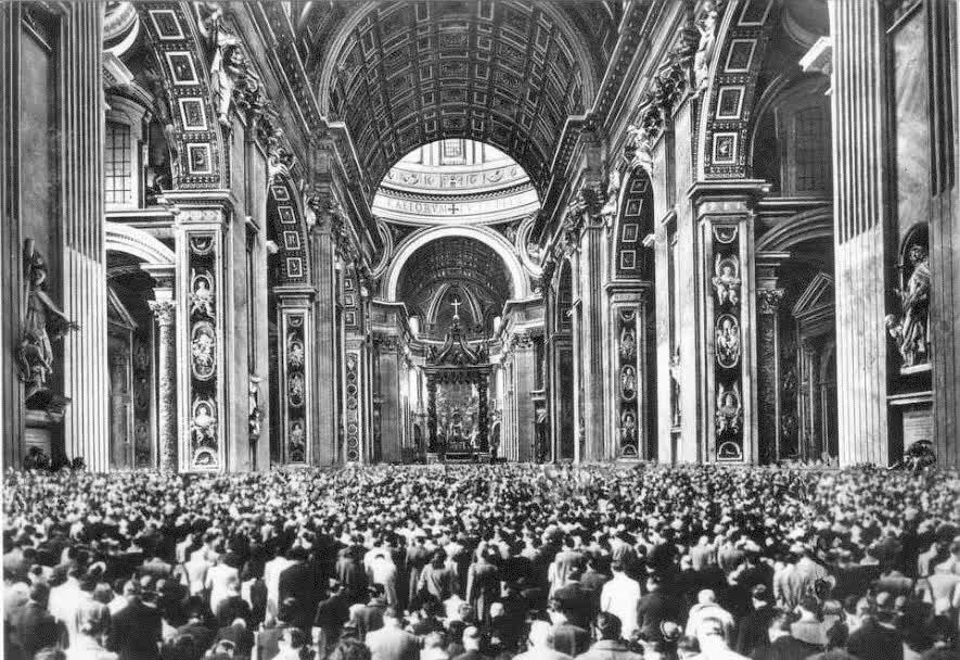 A packed congregation inside St Peter's Basilica in Rome in 1950