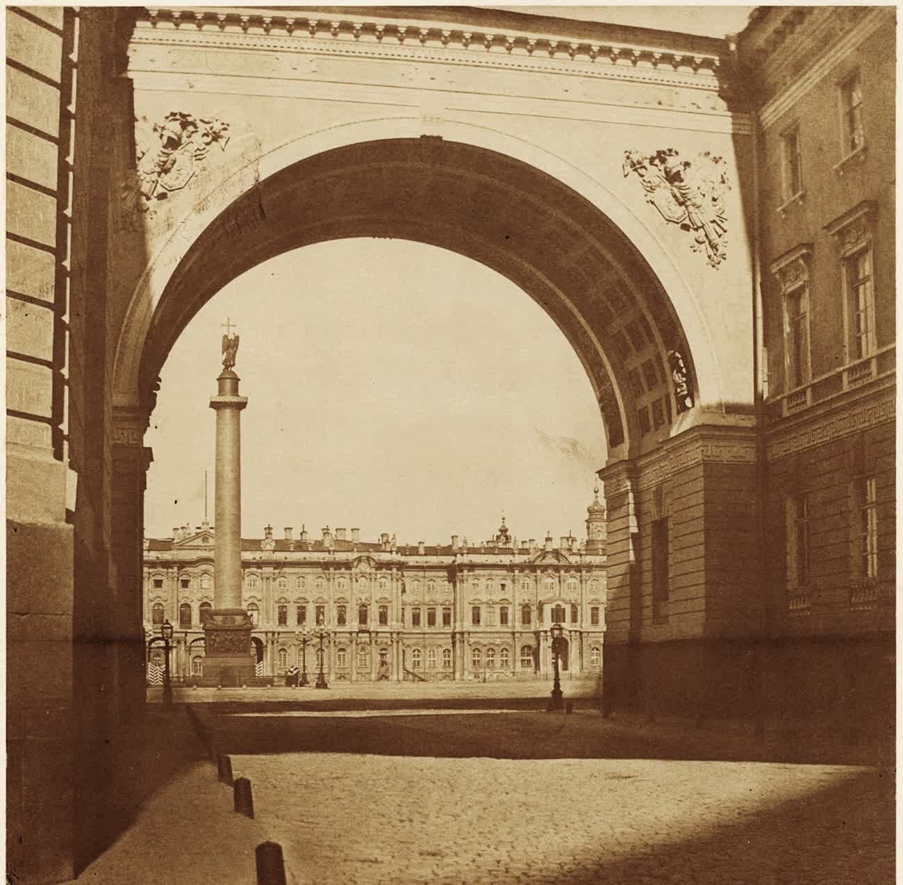 Palace Square and the Alexander Column seen through the arch of the General Staff Building, Saint Petersburg, 1850s