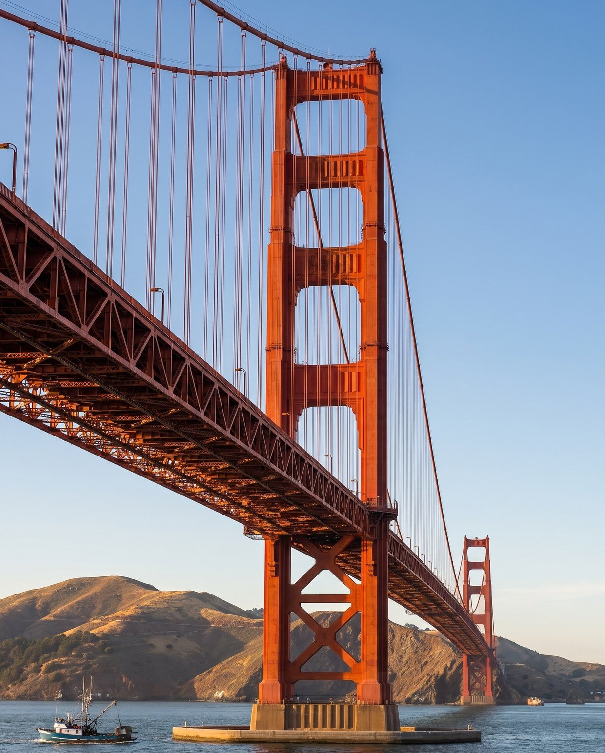 The same tower of the Golden Gate Bridge today, finished and painted international orange