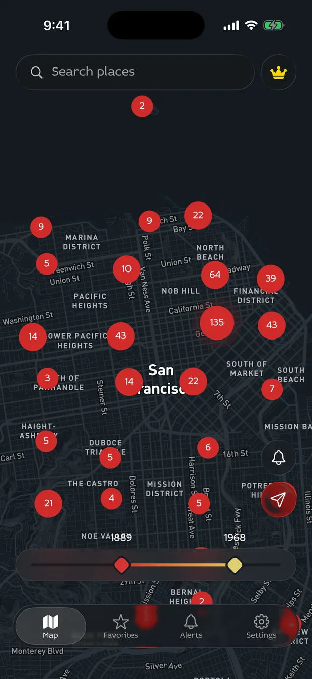 Time Portal on iPhone: clusters of historical photographs over San Francisco, with the year scale set to 1889–1968
