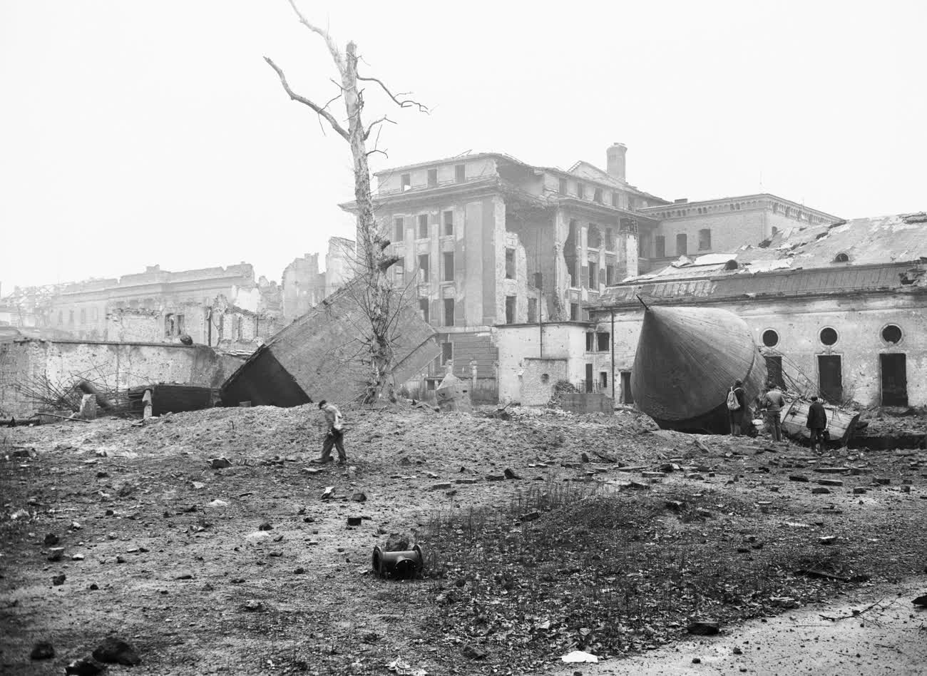 A wasteland of rubble and ruined buildings in central Berlin, 1948