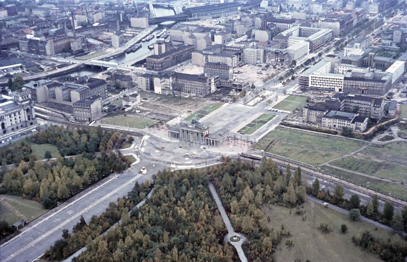Aerial view of the Brandenburg Gate sealed inside the Berlin Wall's border strip, 1964