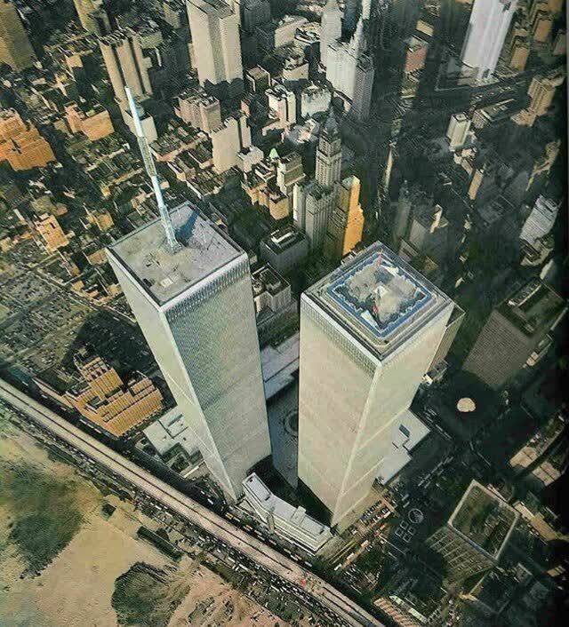 Aerial view looking straight down on the two roofs of the World Trade Center towers in 1979