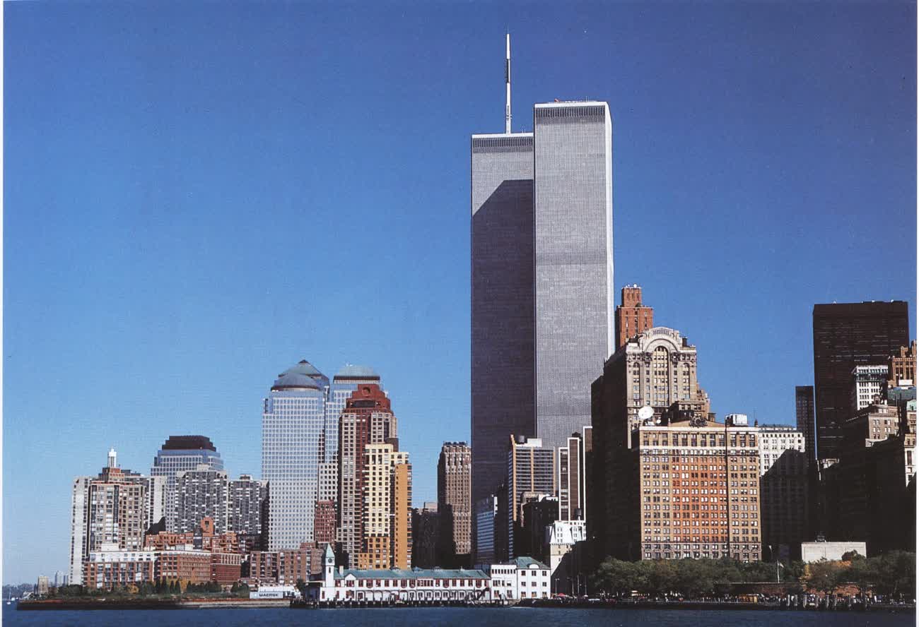The Twin Towers above the Lower Manhattan skyline, seen from the water in 1995